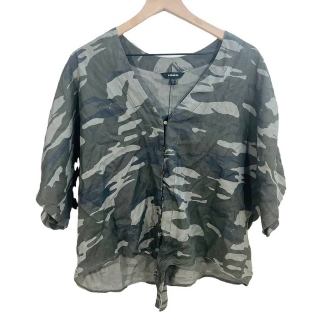Express Camo Deep V Button Down Tie Front Short Sleeve Casual Streetwear Size M